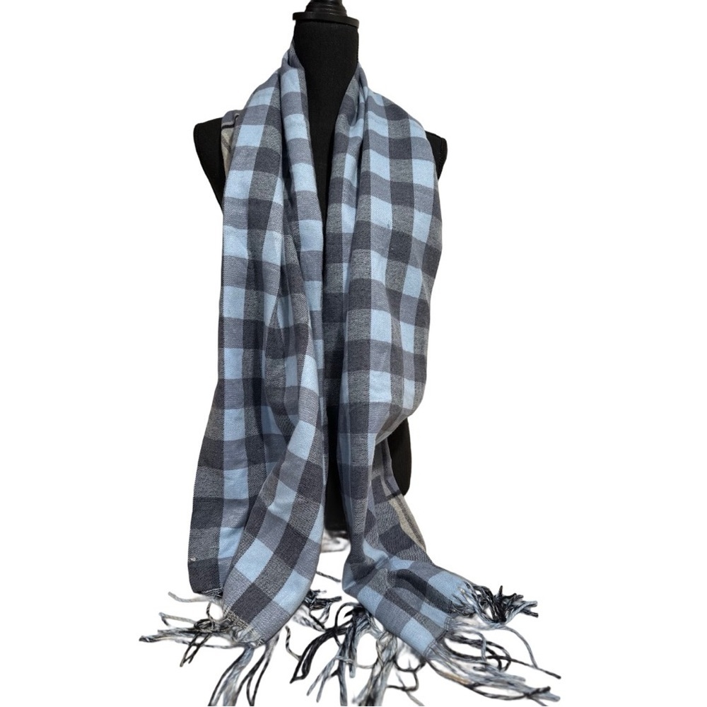 Super SoftDouble sided Plaid & Checked Pattern Blue Toned Long Scarf NEW - Picture 7 of 17